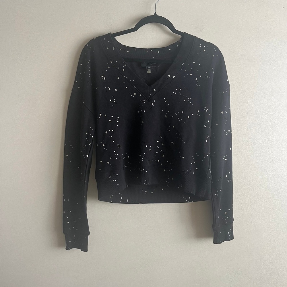 David Lerner Cropped V Neck Sweatshirt S Black Silver Metallic Splatter